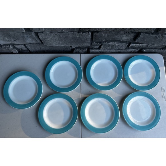Pyrex Other - Vintage 1950's Pyrex Milk Glass & Turquoise Blue Band 10" Dinner Plate Set of 7